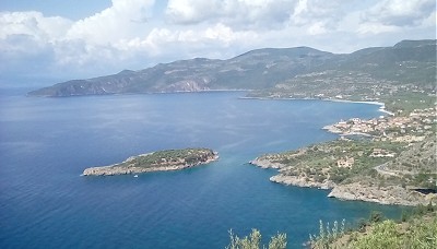 Looking out from the hillside to the see in Greece from the apartment